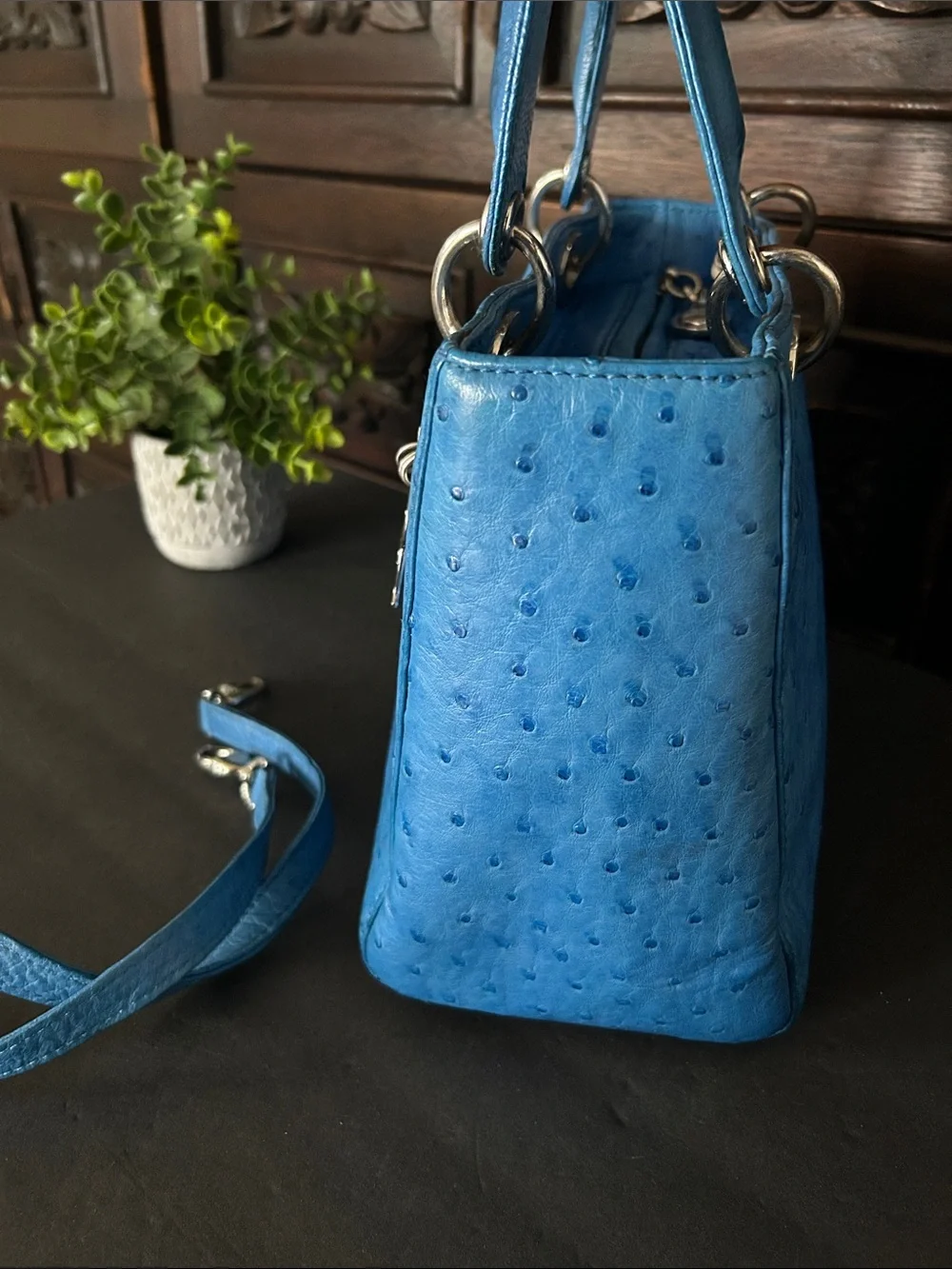 Beautiful Blue Ostrich-Textured Lady Tote with DR Charm